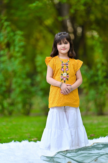 Mustard Embroidered Garara Set For Girls